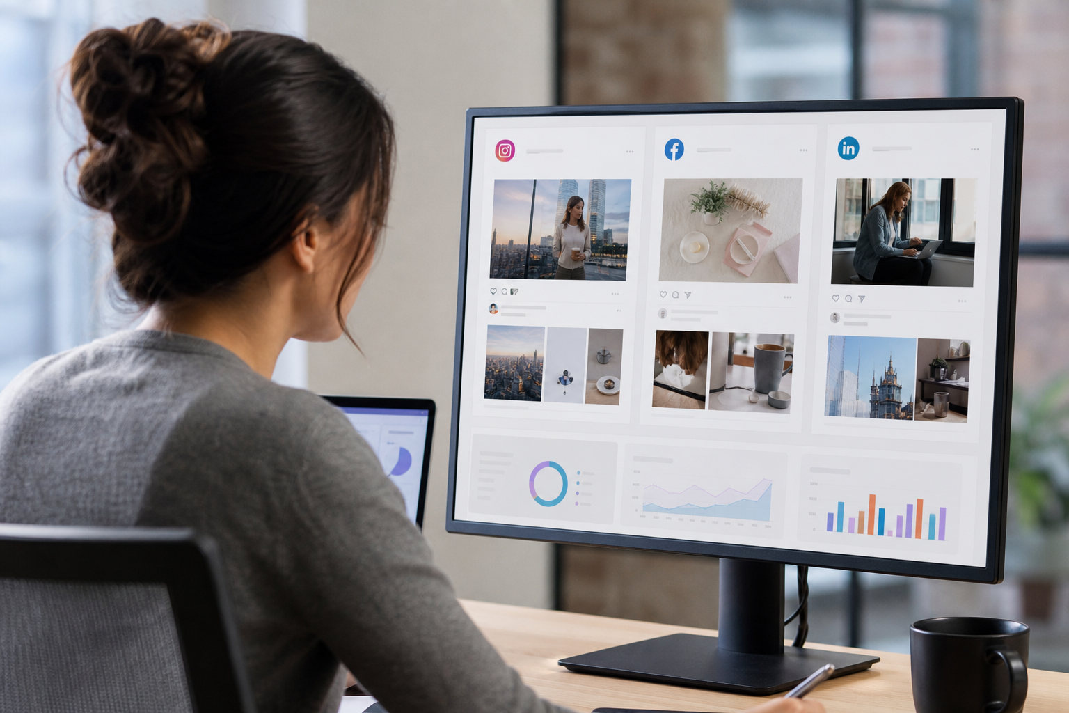 A content strategist reviewing a scheduled social media post calendar on a large monitor, showing Instagram, Facebook, and LinkedIn feeds with branded visuals and performance analytics in a modern office setting.