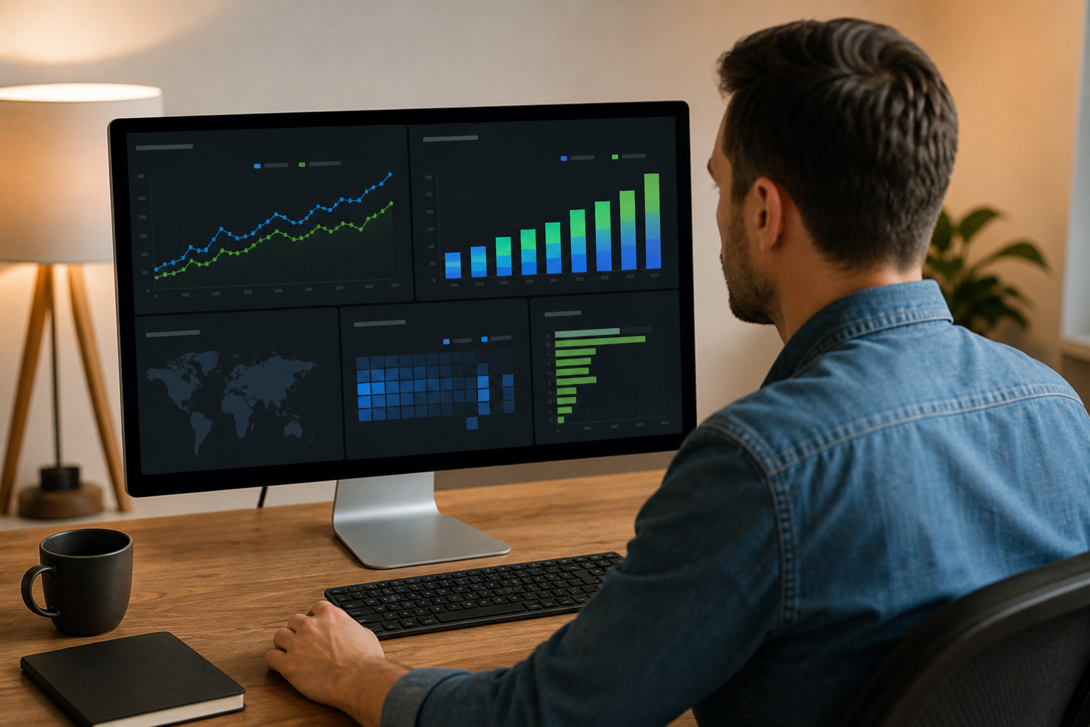 Small business owner reviewing a multi-channel digital marketing dashboard on a desktop monitor, warm office lighting, charts showing organic traffic and ad ROAS growth