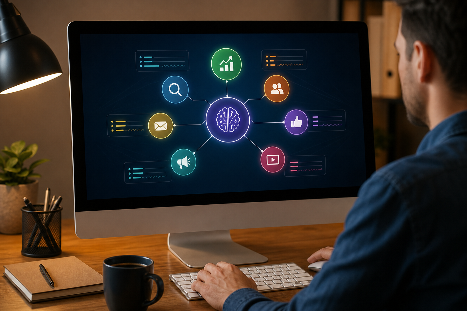 Side-by-side diagram on a desktop screen showing seven digital marketing service categories as interconnected nodes, each labeled with channel name and a sample metric, warm office lighting matching hero image