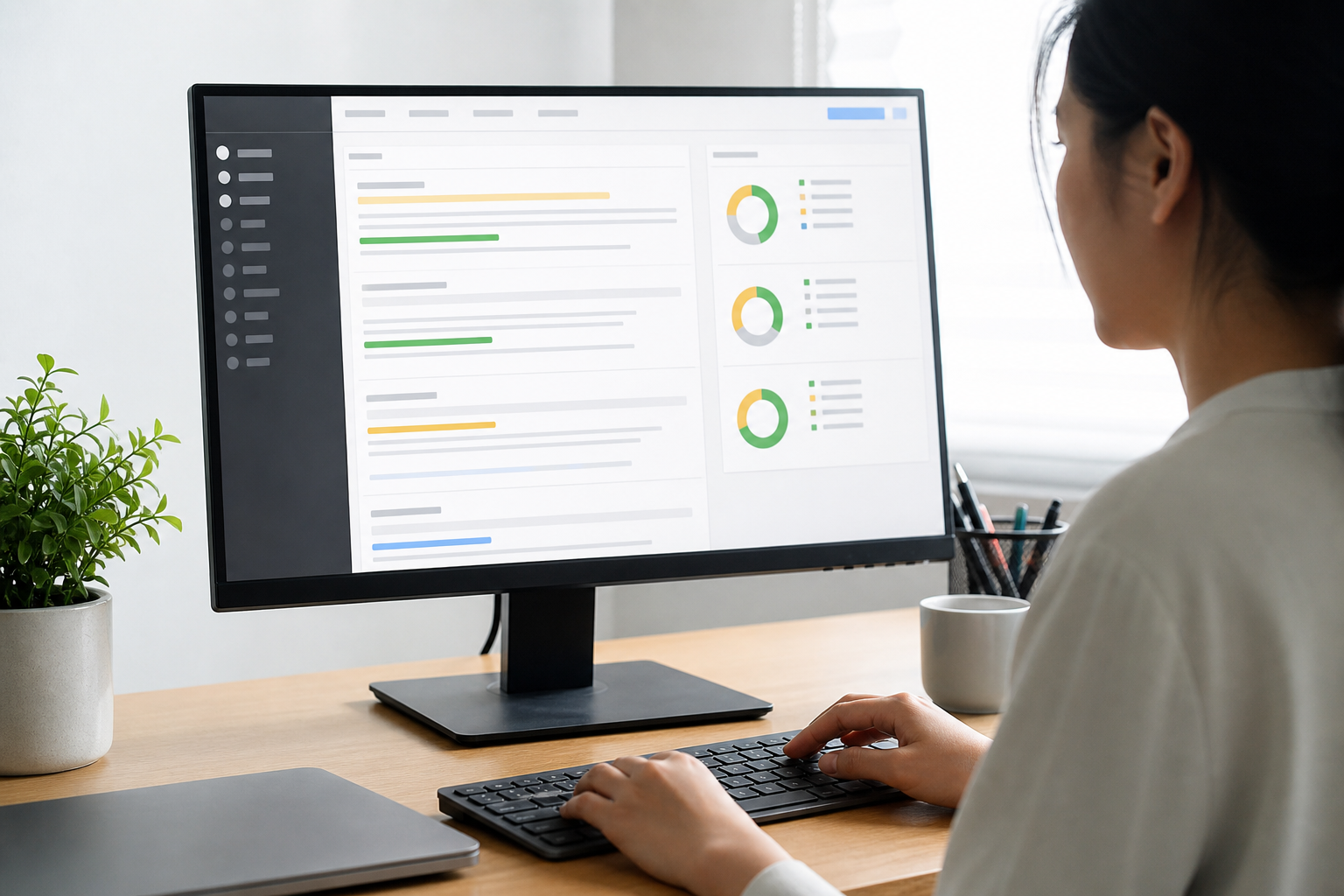 A monitor displaying a webpage audit dashboard with highlighted title tags, meta descriptions, and keyword density scores in a bright, minimal office workspace.