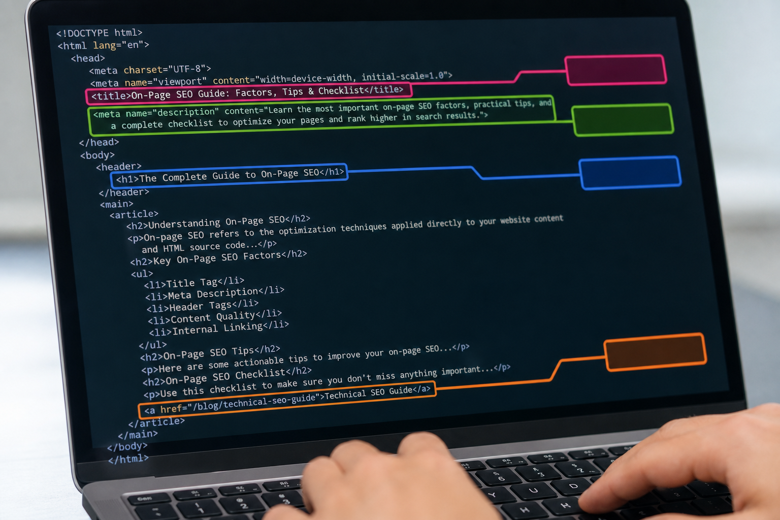 Close-up of a laptop screen showing a webpage source editor with annotated title tag, H1, meta description, and internal link fields highlighted in distinct colors.