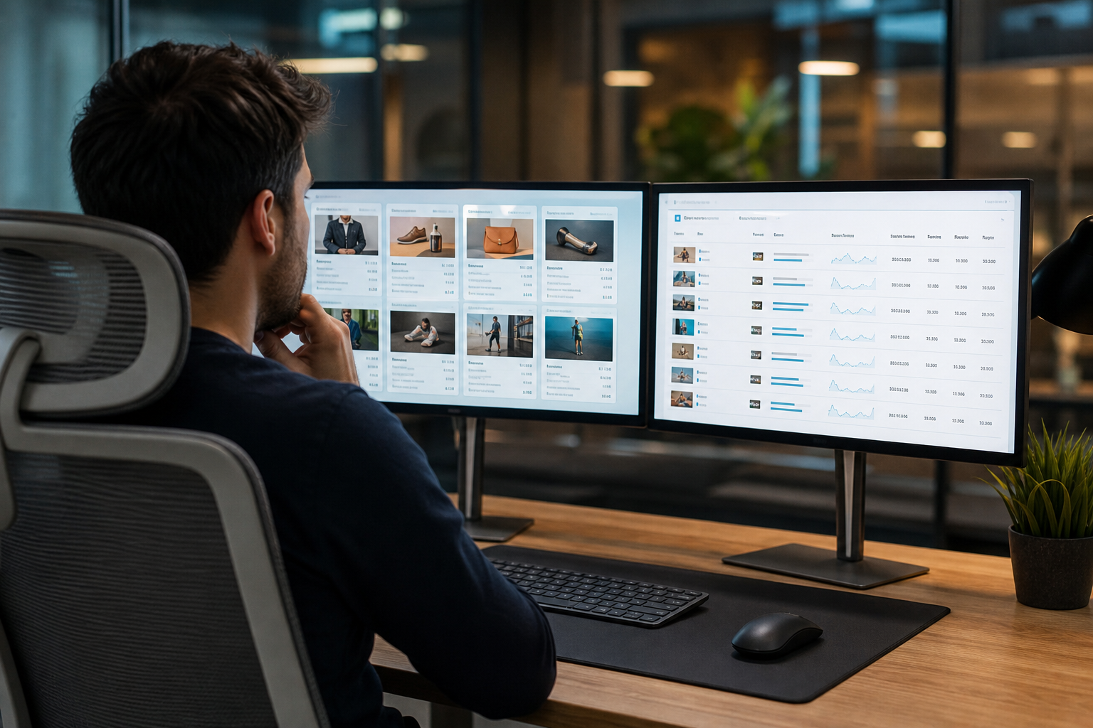 A performance marketer reviewing split-test ad creative variants on dual monitors, showing headline and image combinations with CTR and ROAS metrics in a lit agency workspace.