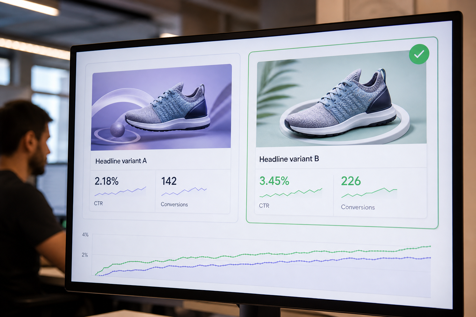 A close-up of a split-screen ad testing dashboard showing two headline variants side by side with CTR percentages, conversion counts, and a green winner badge, on a monitor in the same agency workspace.