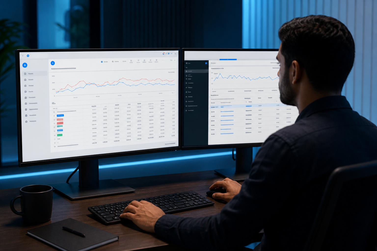A wide-angle shot of a dual-monitor marketing workstation showing Google Ads Manager and Meta Ads Manager dashboards side by side, bathed in cool blue office lighting.