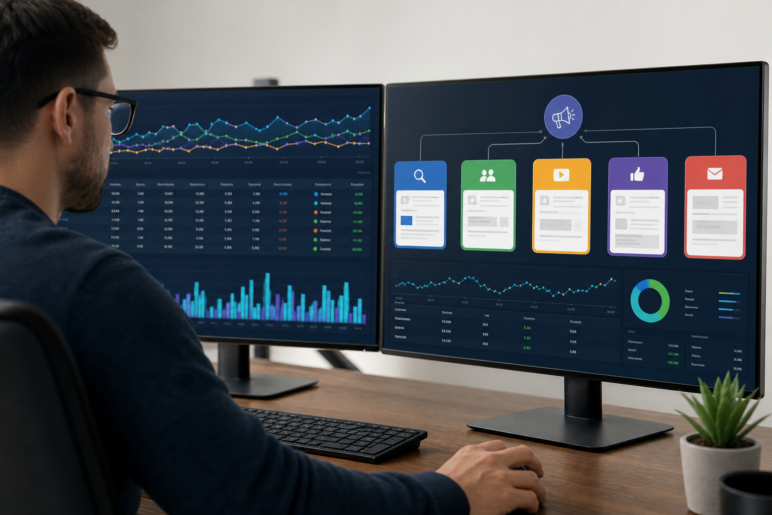 A close-up of the same dual-monitor workstation showing a structured campaign category diagram across five labeled ad types, with live performance metrics visible on screen.