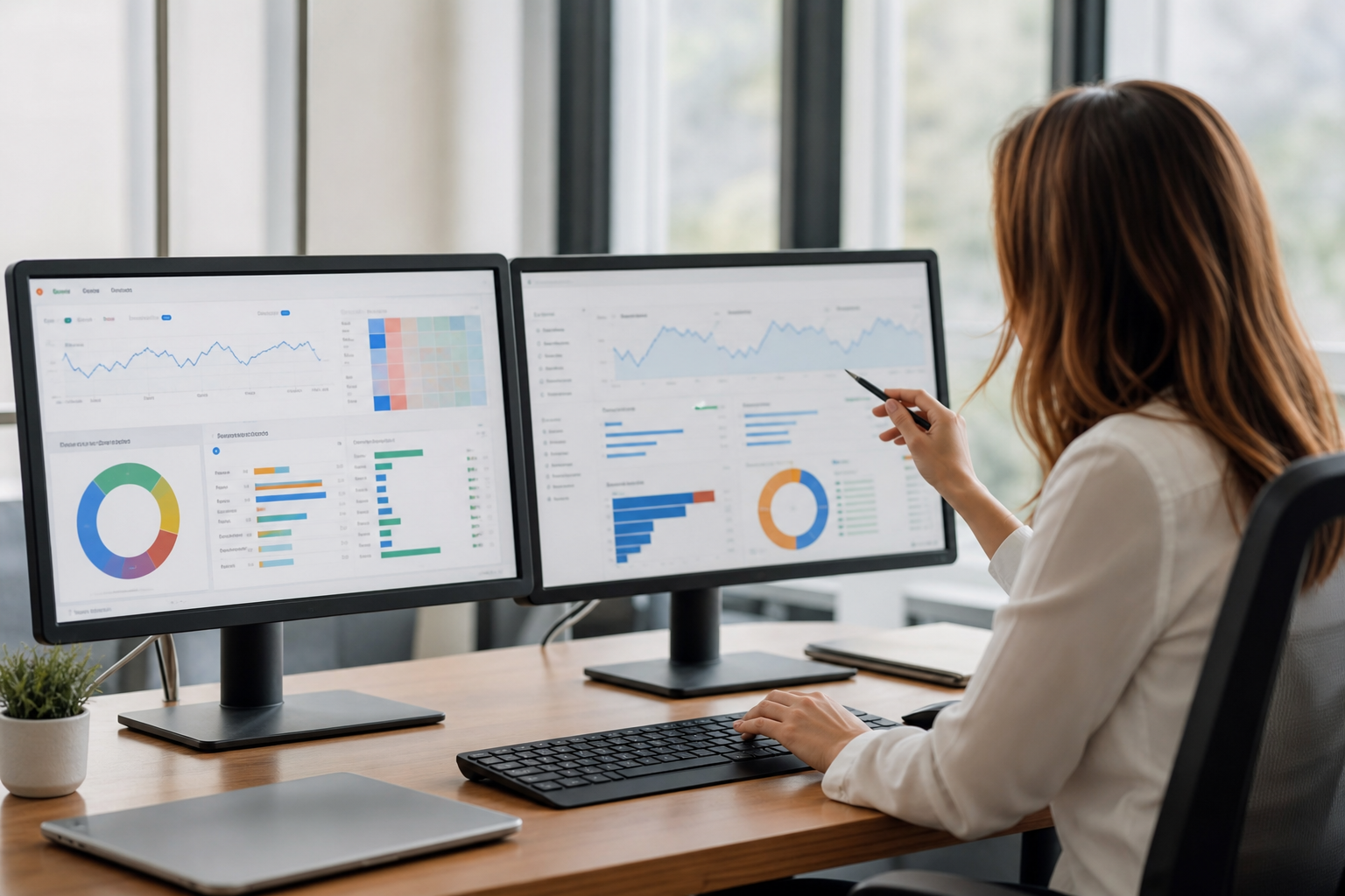 A marketing analyst reviews audience segmentation dashboards on dual monitors showing Google Ads and Meta Ads Manager campaign data in a modern office with soft natural light