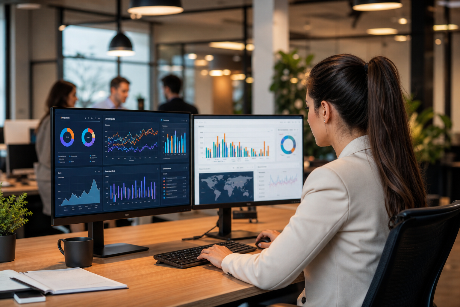 Marketing strategist reviewing social media ad campaign dashboards on dual monitors in a modern open-plan office, warm overhead lighting, colorful performance graphs visible on screens