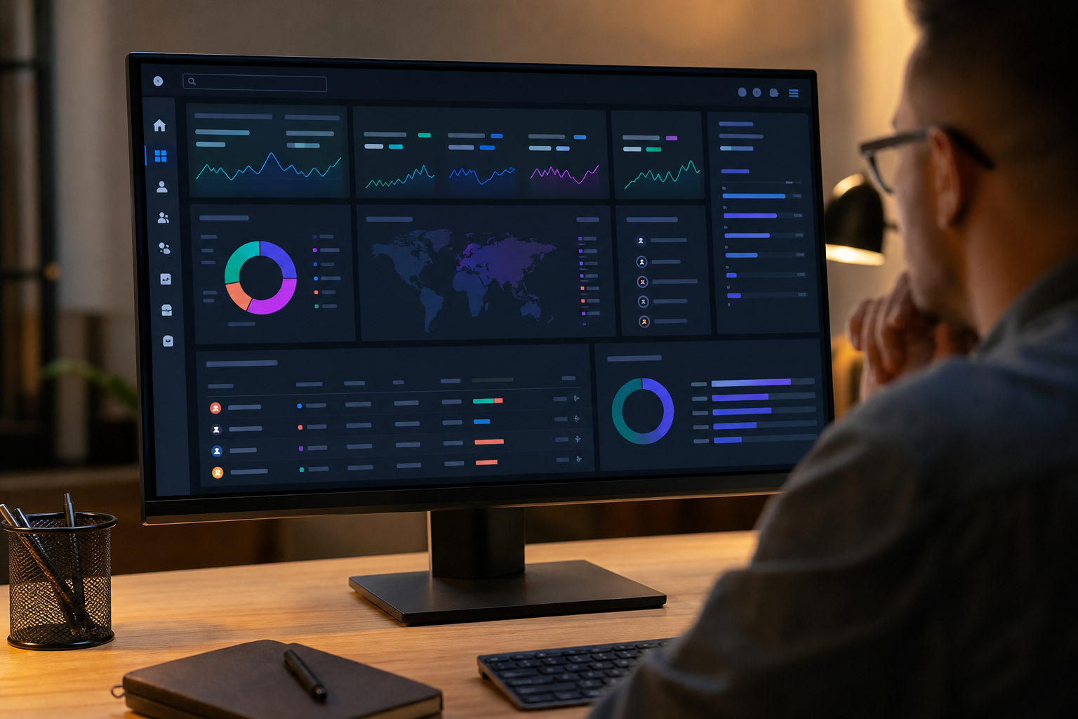 Close-up of a Cube platform dashboard screen showing real-time social media ad ROAS metrics, audience segmentation panels, and budget allocation controls, same warm office lighting