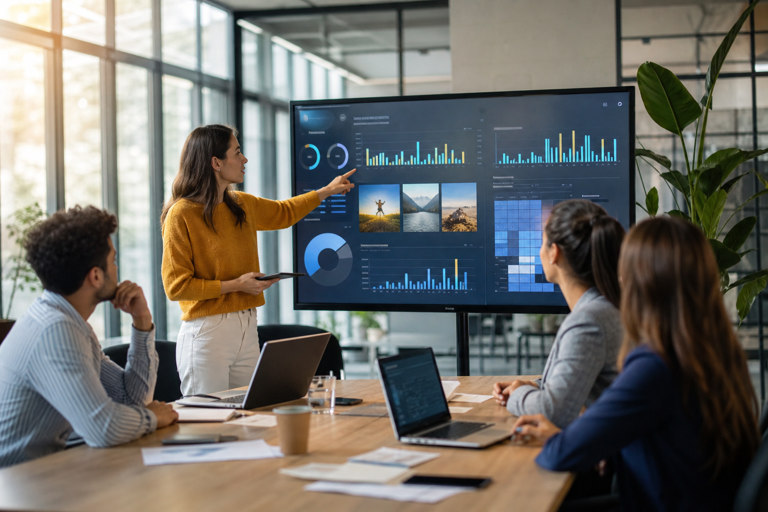 Marketing team reviewing a social media analytics dashboard on a large monitor, post performance graphs and engagement metrics visible in a bright modern office