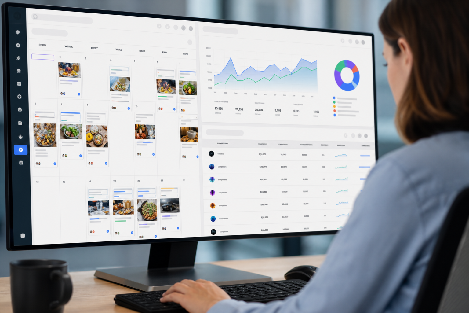 Close-up of a Cube platform dashboard screen showing social media post scheduling calendar, engagement metrics, and competitor tracking data side by side