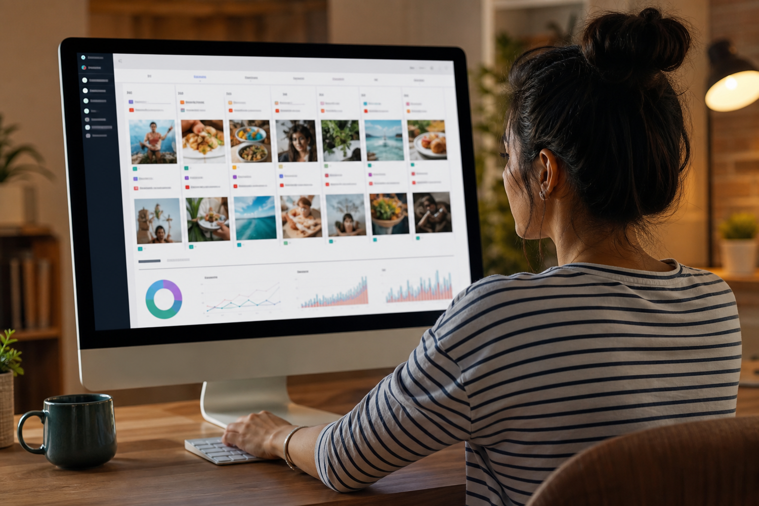 Small business owner reviewing a social media content calendar on a large monitor, warm studio lighting, colorful post thumbnails and analytics charts visible on screen