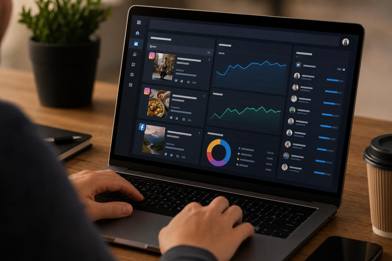 Close-up of a social media scheduling dashboard on a laptop screen showing queued Instagram and Facebook posts, engagement graphs, and a competitor tracking sidebar, warm studio lighting matching hero image