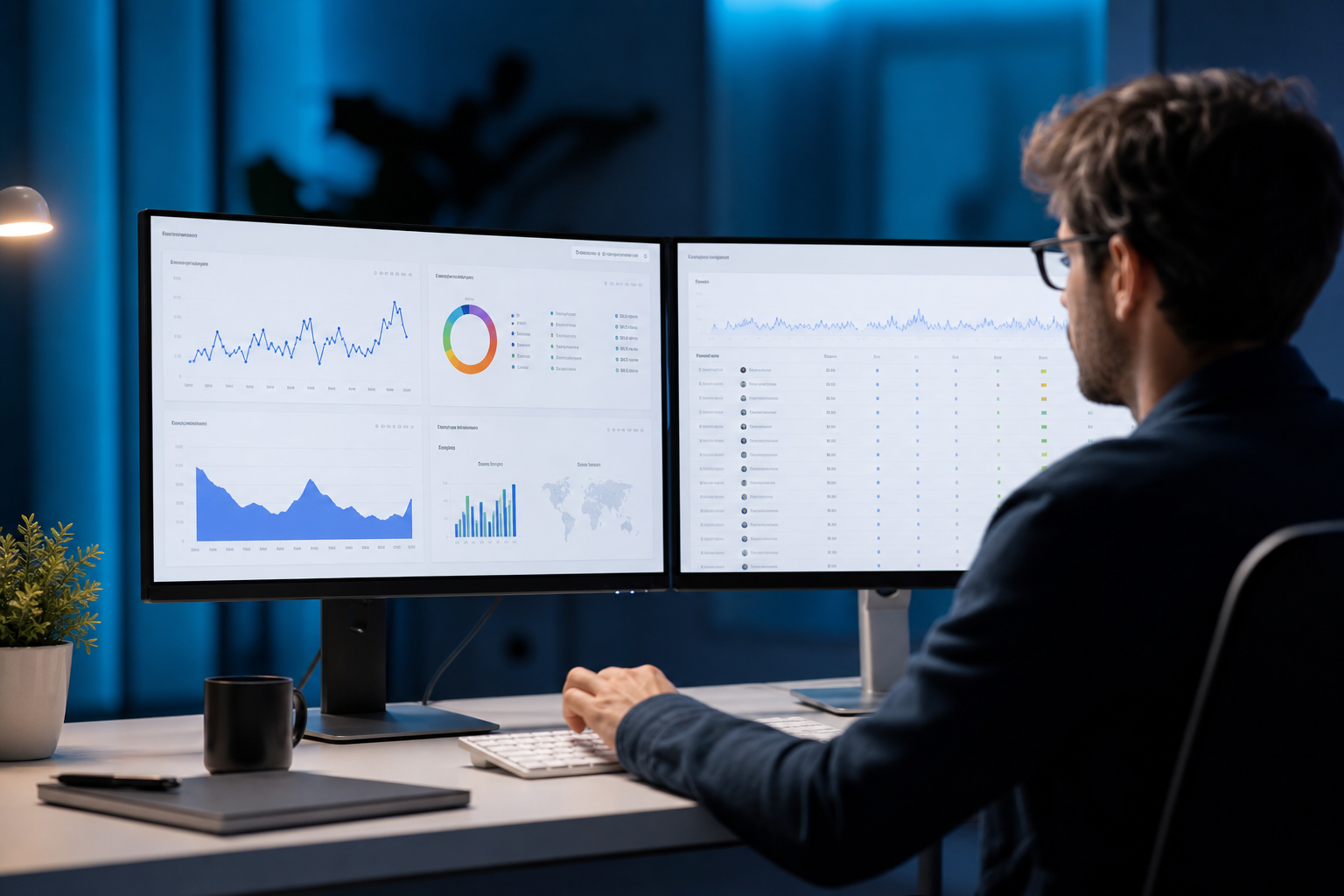Wide shot of a dual-monitor workstation displaying a website analytics dashboard and a keyword ranking report, bathed in cool blue ambient light in a modern office.