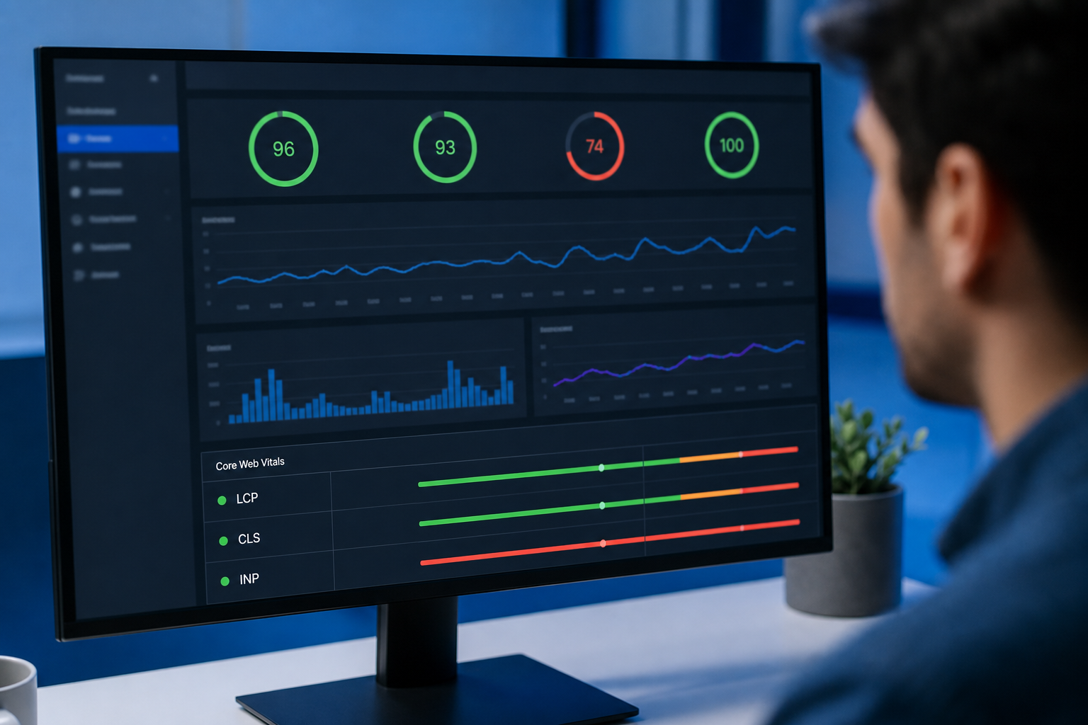 Close-up of the same workstation screen showing a Core Web Vitals audit report with LCP, CLS, and INP scores highlighted in green and red, consistent cool blue office lighting.
