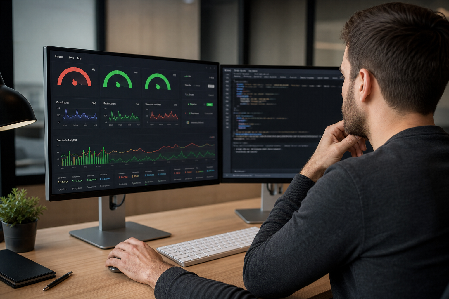 Developer reviewing Core Web Vitals dashboard on dual monitors showing LCP, CLS, and INP scores with red and green metric indicators in a modern office