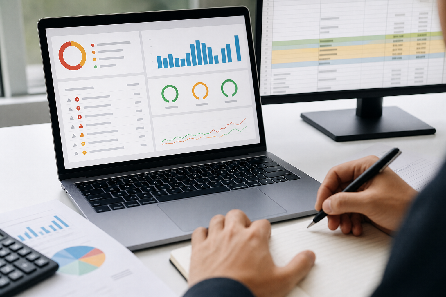 Close-up of a website audit report on a laptop screen showing technical SEO error categories, Core Web Vitals scores, and a line-item cost breakdown spreadsheet beside it