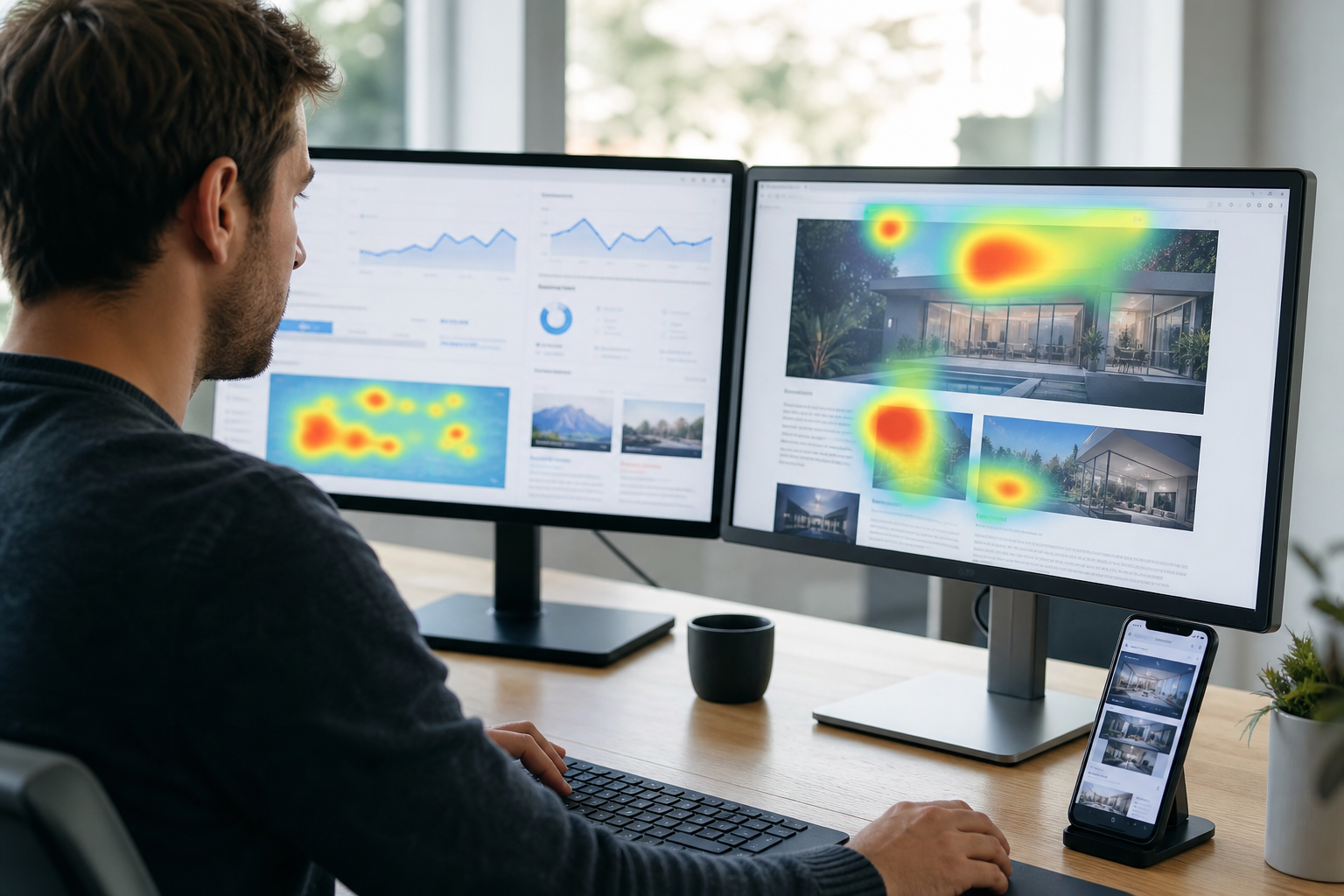 A web developer reviewing conversion analytics and heatmaps on dual monitors, with a mobile-friendly business website displayed in bright, clean UI on screen
