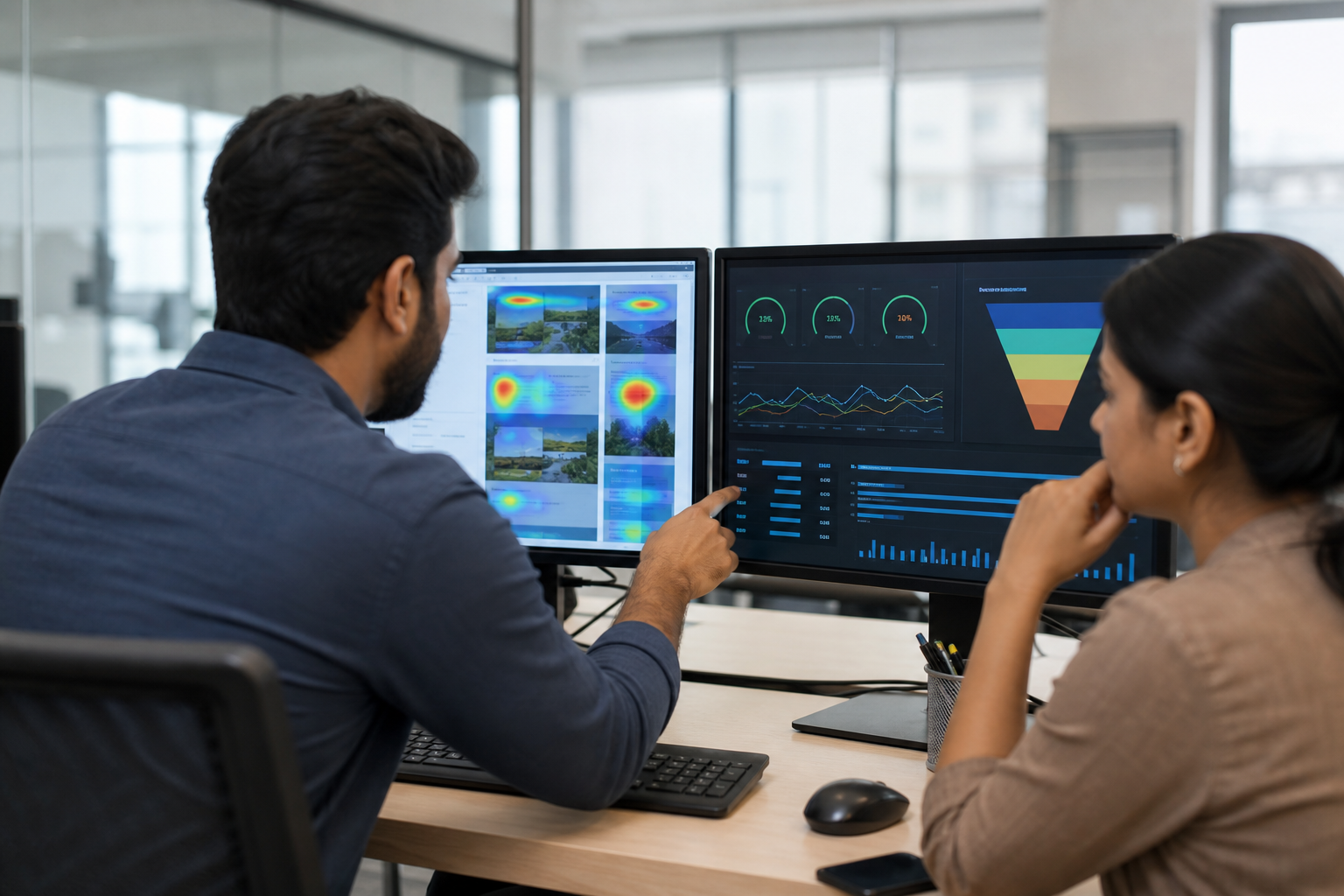 A developer and strategist reviewing a multi-location business website on dual monitors, showing heatmaps, Core Web Vitals scores, and conversion funnel data in a modern office setting