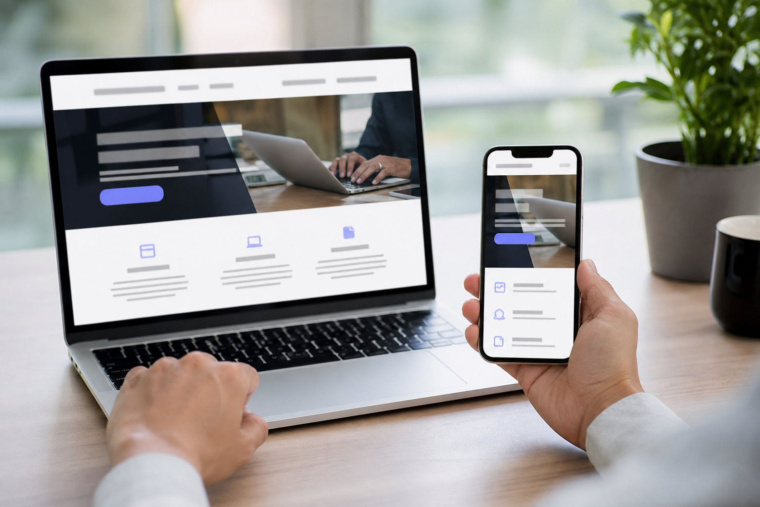 A mobile-friendly business website displayed on a laptop and smartphone, showing fast load times, a clear call-to-action button, and a conversion-optimized landing page layout in a modern office setting