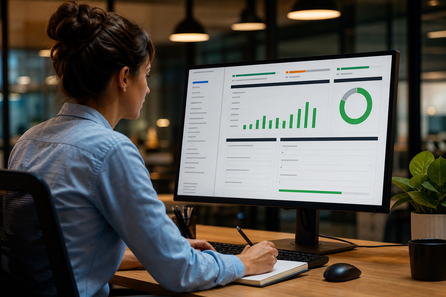 A marketing professional auditing a service page on a large monitor showing keyword density, title tag fields, and a green SEO score bar in a modern office with warm overhead lighting.