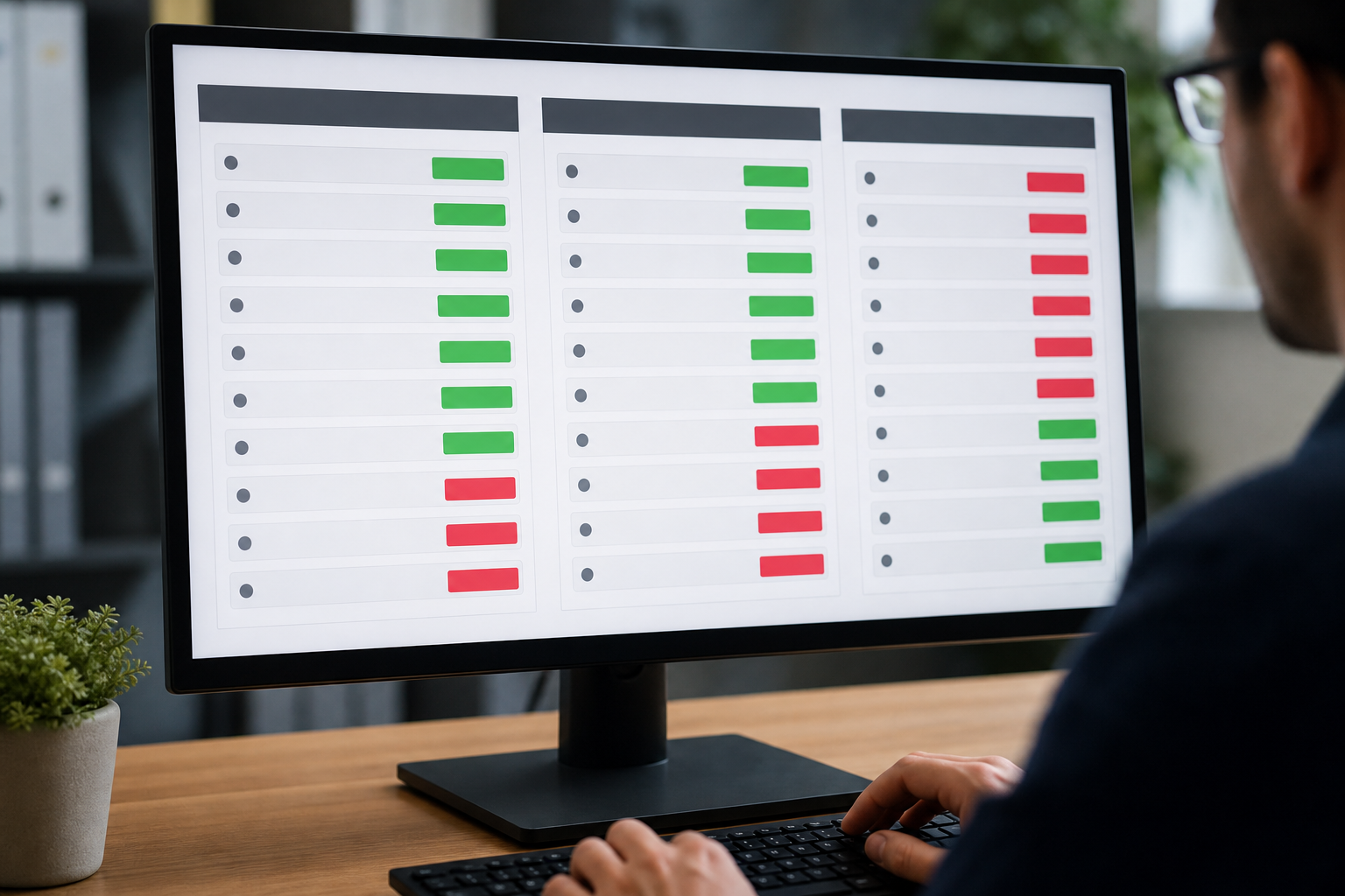 A close-up view of the same monitor showing a three-column audit dashboard with color-coded rows labeled Technical SEO, On-Page SEO, and Off-Page SEO, each with green or red status indicators.