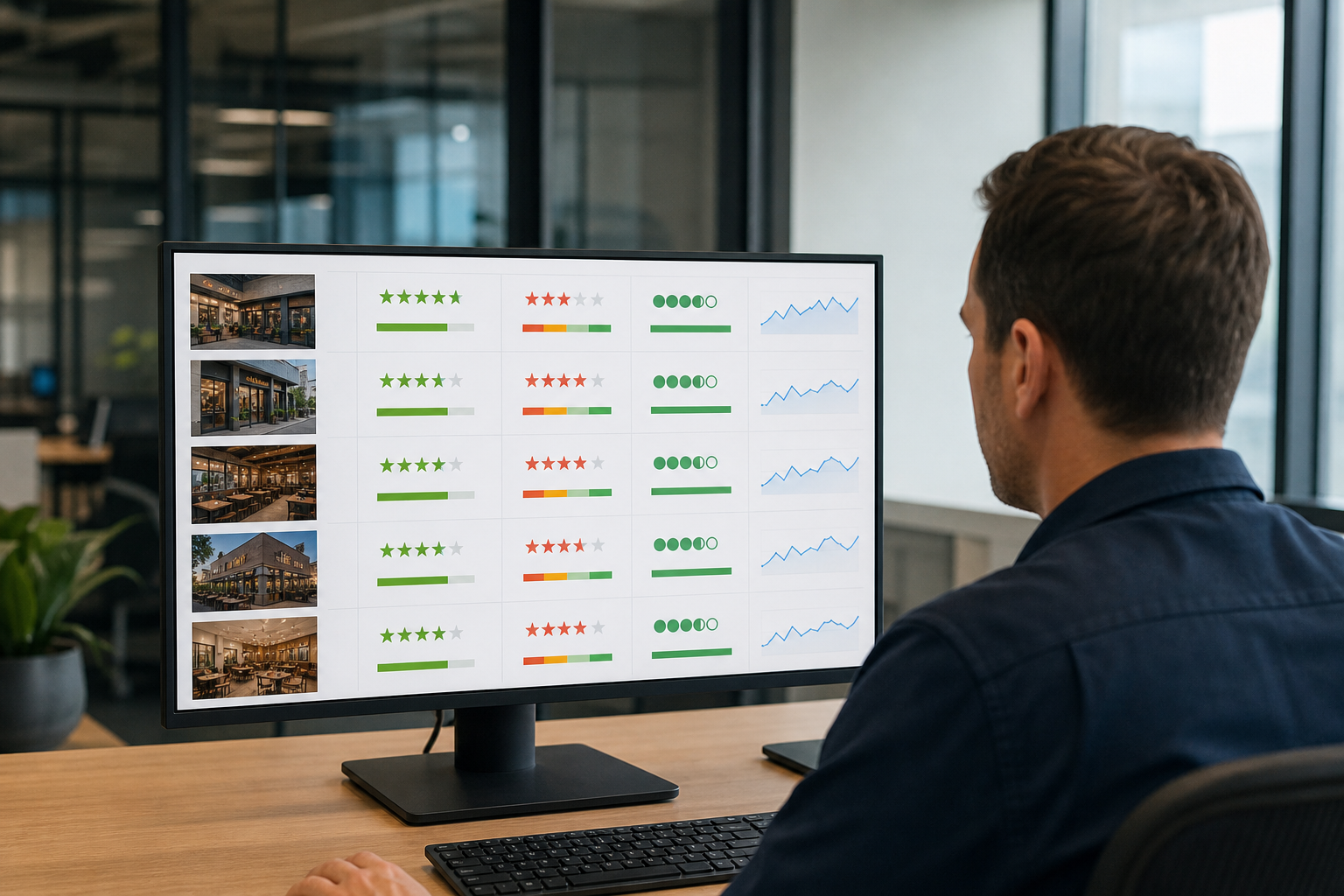 A multi-location restaurant manager reviewing a unified dashboard showing Google, Yelp, and TripAdvisor star ratings across five locations on a desktop monitor in a modern office.