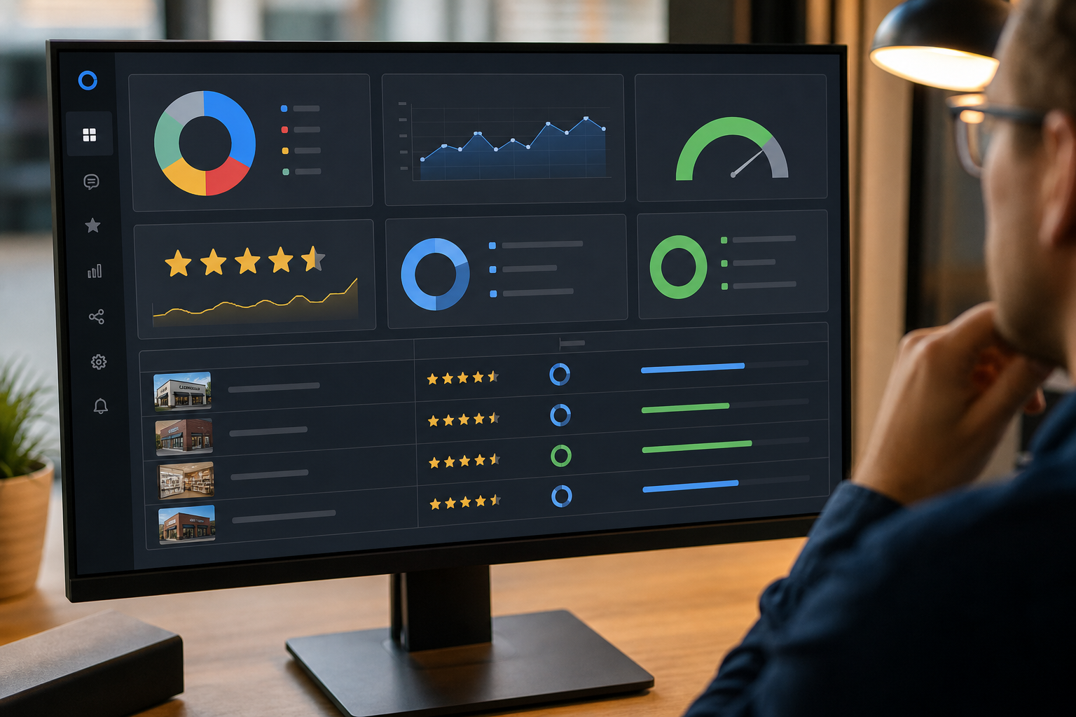 Close-up of a review management dashboard screen showing review volume by platform, average star rating, and response rate metrics across multiple business locations in warm office lighting.