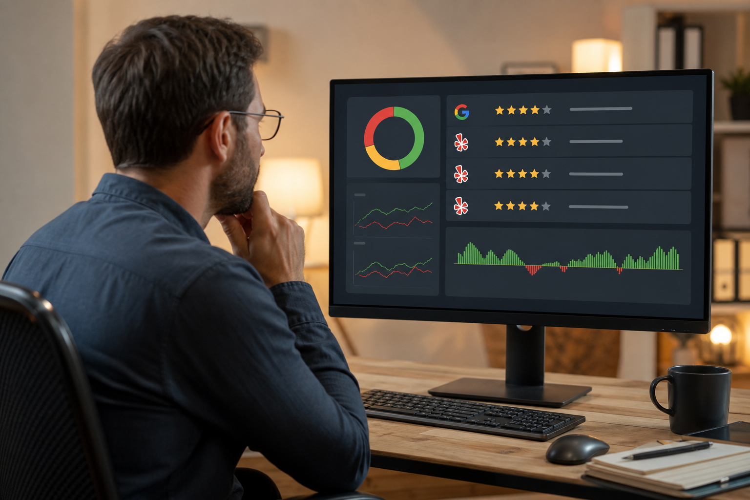 A multi-location restaurant manager reviewing a live review dashboard on a desktop screen showing star ratings, platform icons for Google and Yelp, and sentiment trend graphs in a warm-lit office.