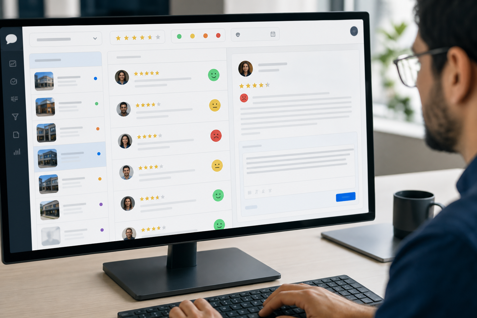 Close-up of a review management dashboard screen showing a review response workflow with sentiment tags, star rating filters, and a pending reply queue for multiple business locations.