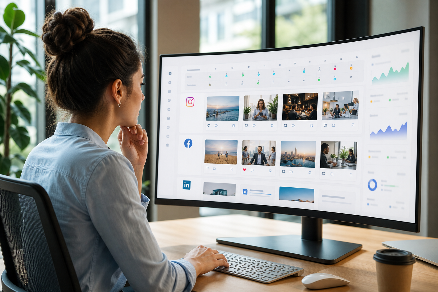 Marketing strategist reviewing a social media content calendar on a large monitor showing Instagram, Facebook, and LinkedIn post drafts with engagement metrics in a bright modern office