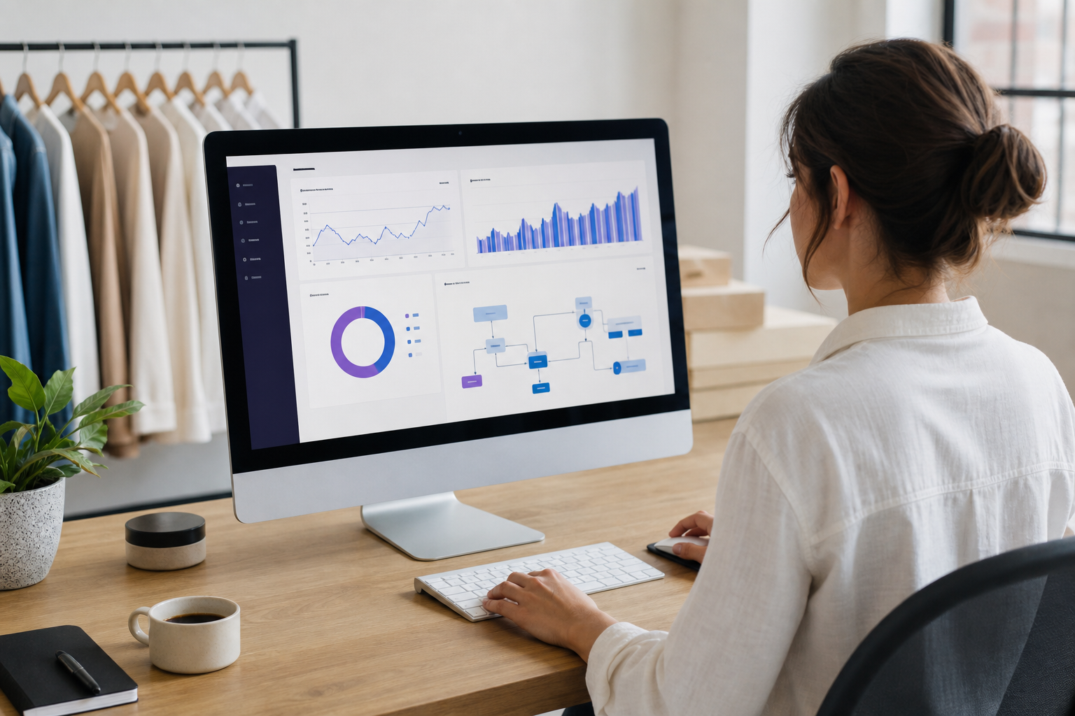 Ecommerce email dashboard on a monitor showing open rates, revenue per email, and automated flow performance in a modern DTC brand office