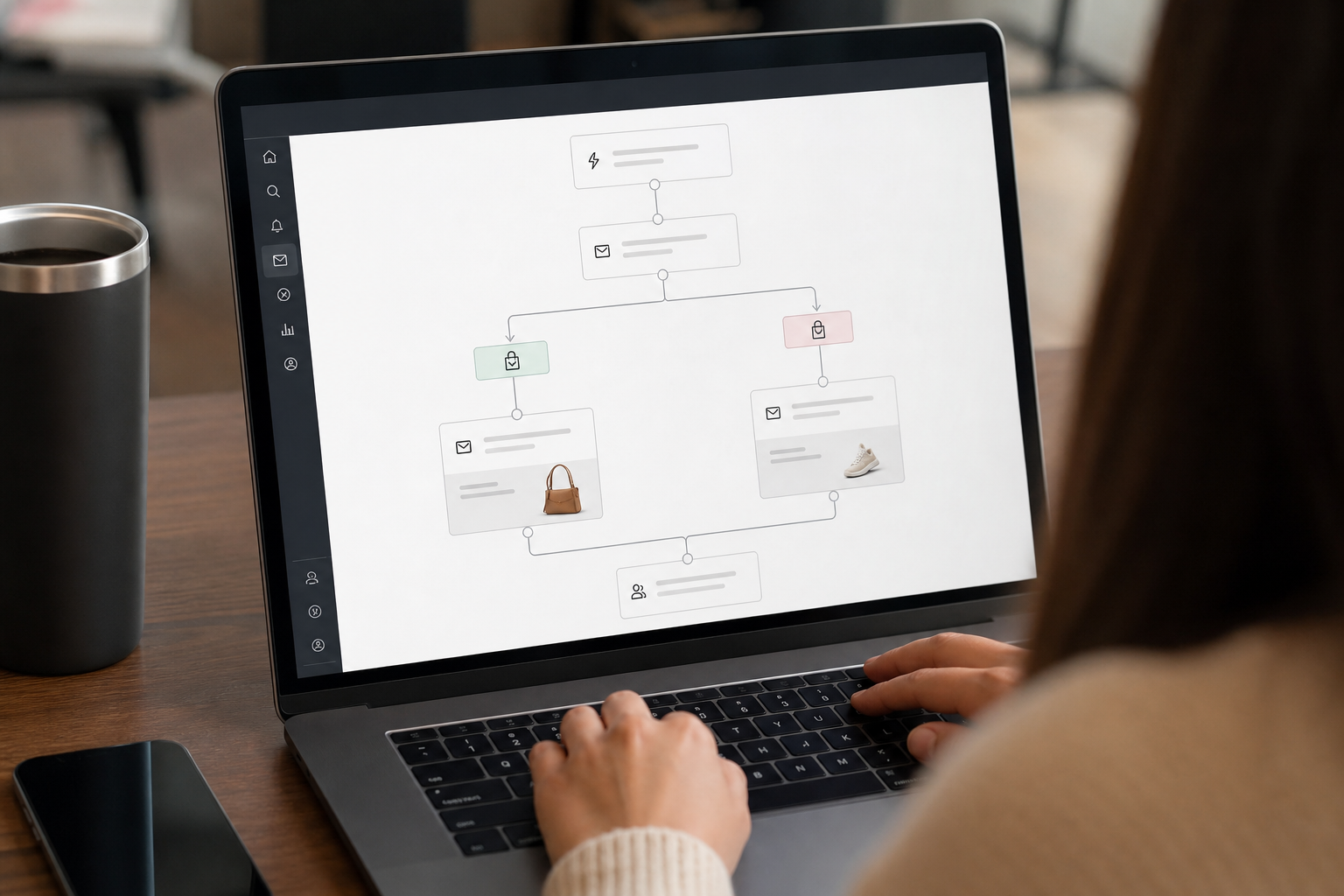 Close-up of a Klaviyo flow builder on screen showing a branching post-purchase email sequence with conditional splits and product-specific messaging