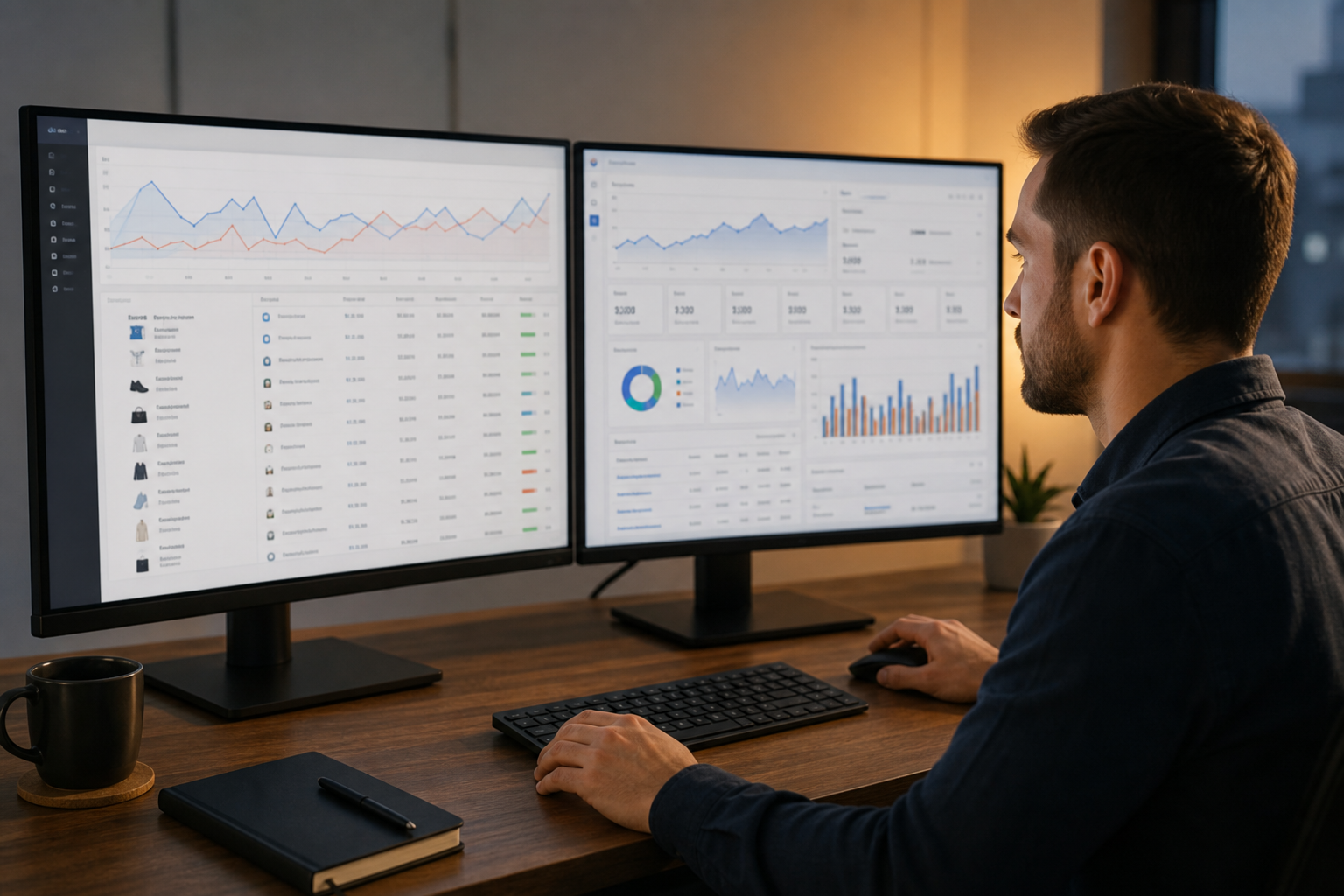 A dual-monitor ecommerce marketing desk showing Google Ads and Meta Ads dashboards with ROAS metrics, campaign charts, and product feed data in warm office light