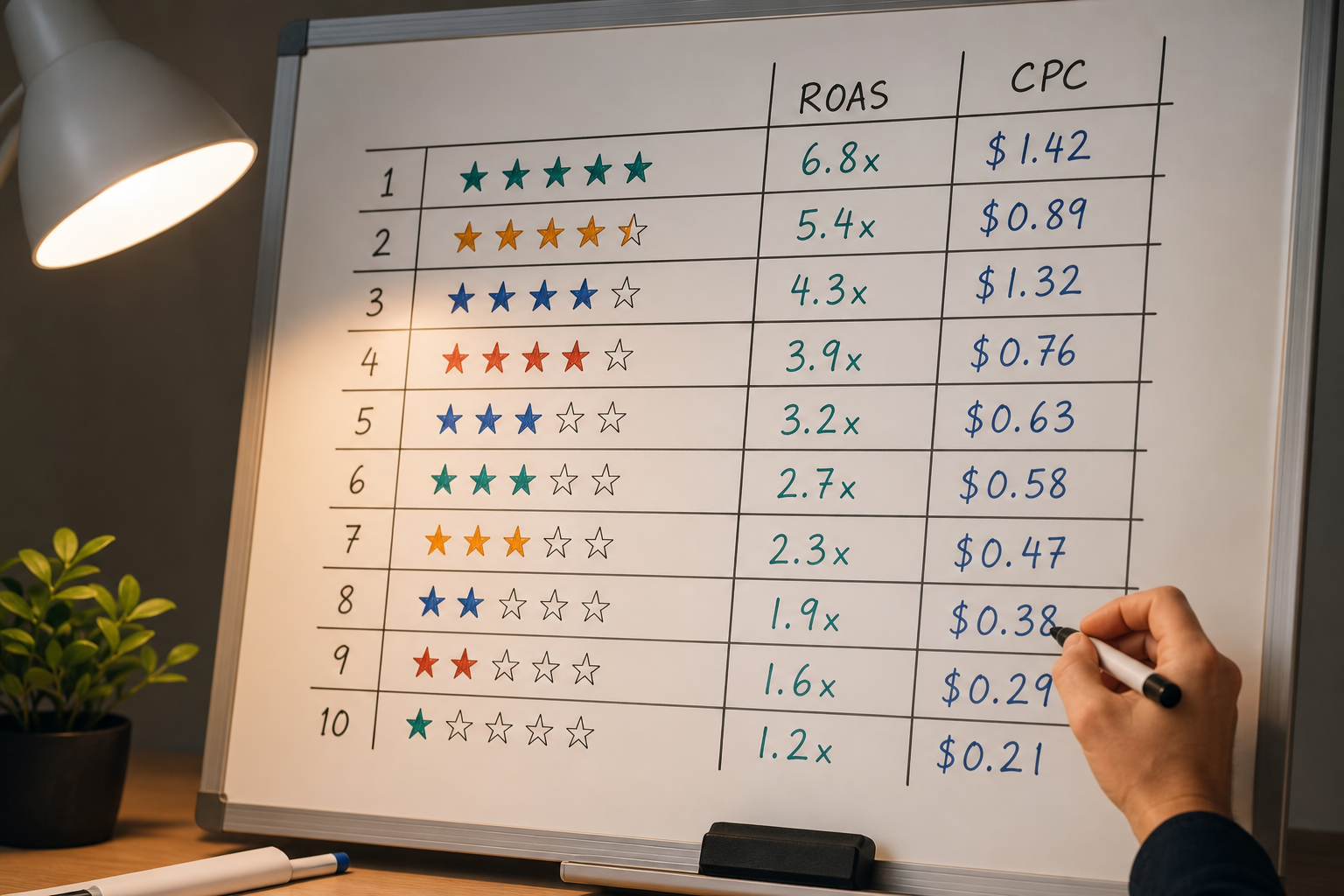 Close-up of a whiteboard in an ecommerce agency office showing a ranked platform comparison matrix with handwritten ROAS and CPC benchmarks under warm task lighting