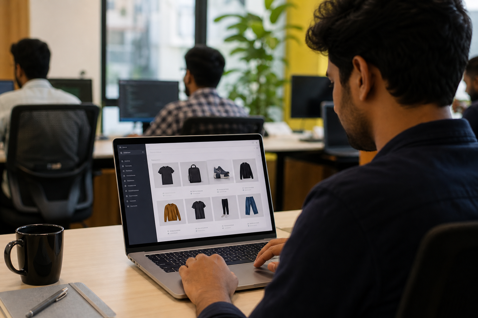 Shopify store dashboard open on a laptop in a modern Indian ecommerce office, warm natural light, product catalog visible on screen
