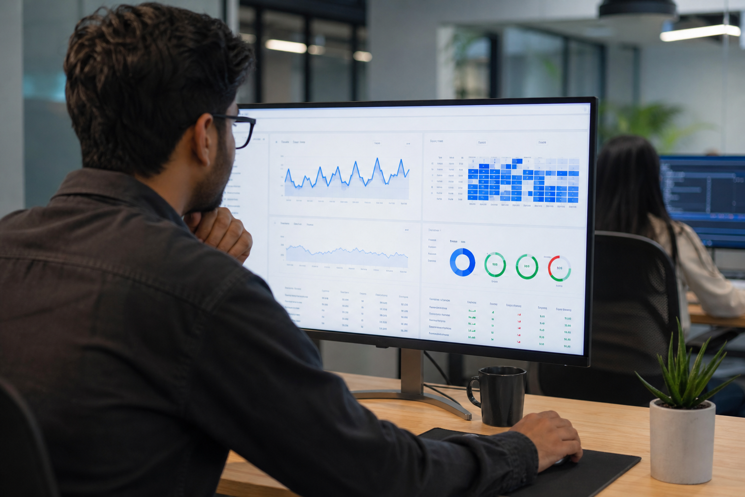 Close-up of a Shopify SEO audit report on a monitor in the same ecommerce office, showing keyword rankings, Core Web Vitals scores, and traffic trend graphs