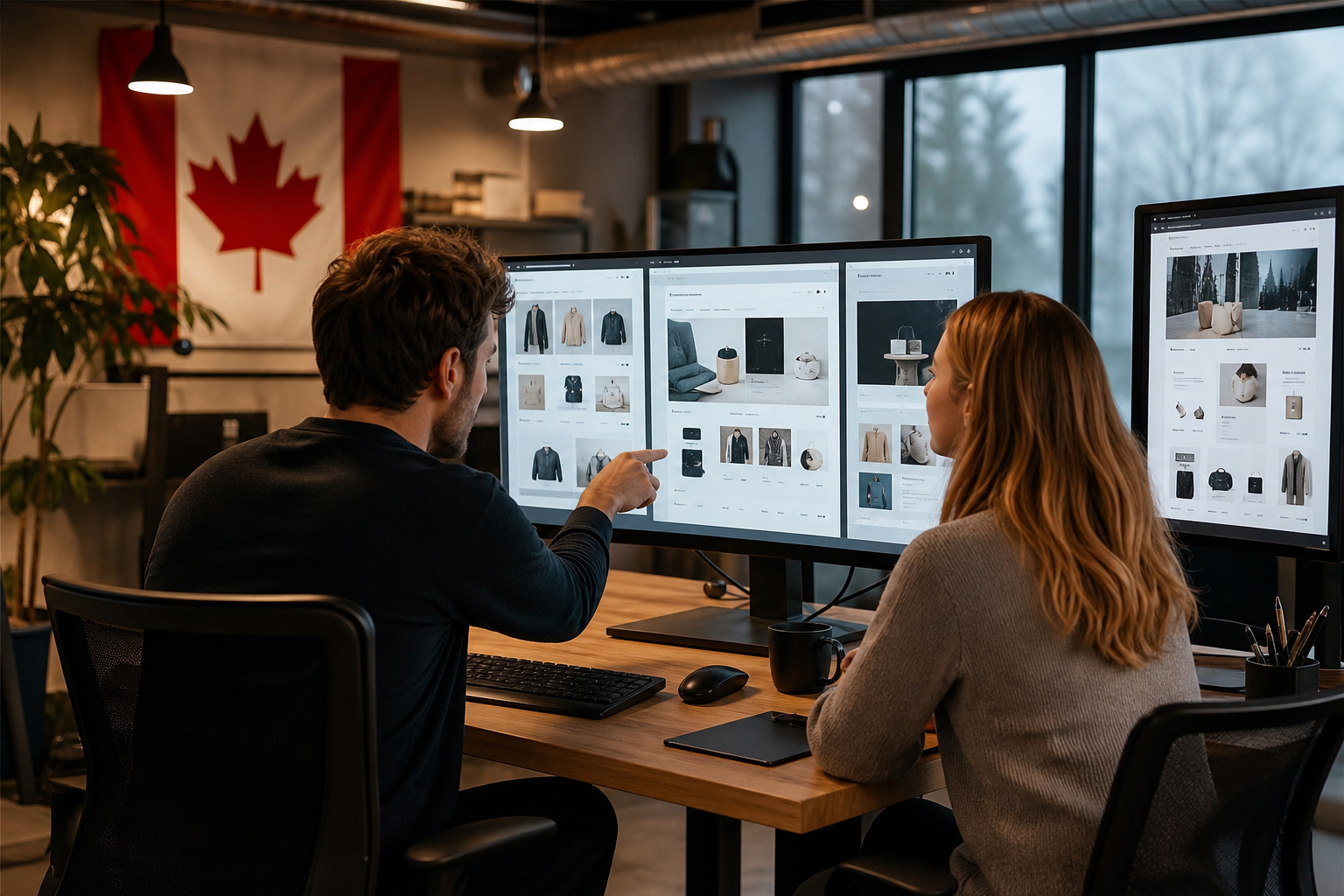A Canadian web design agency studio with two designers reviewing a multi-page ecommerce website on large monitors, warm overhead lighting, open modern workspace.