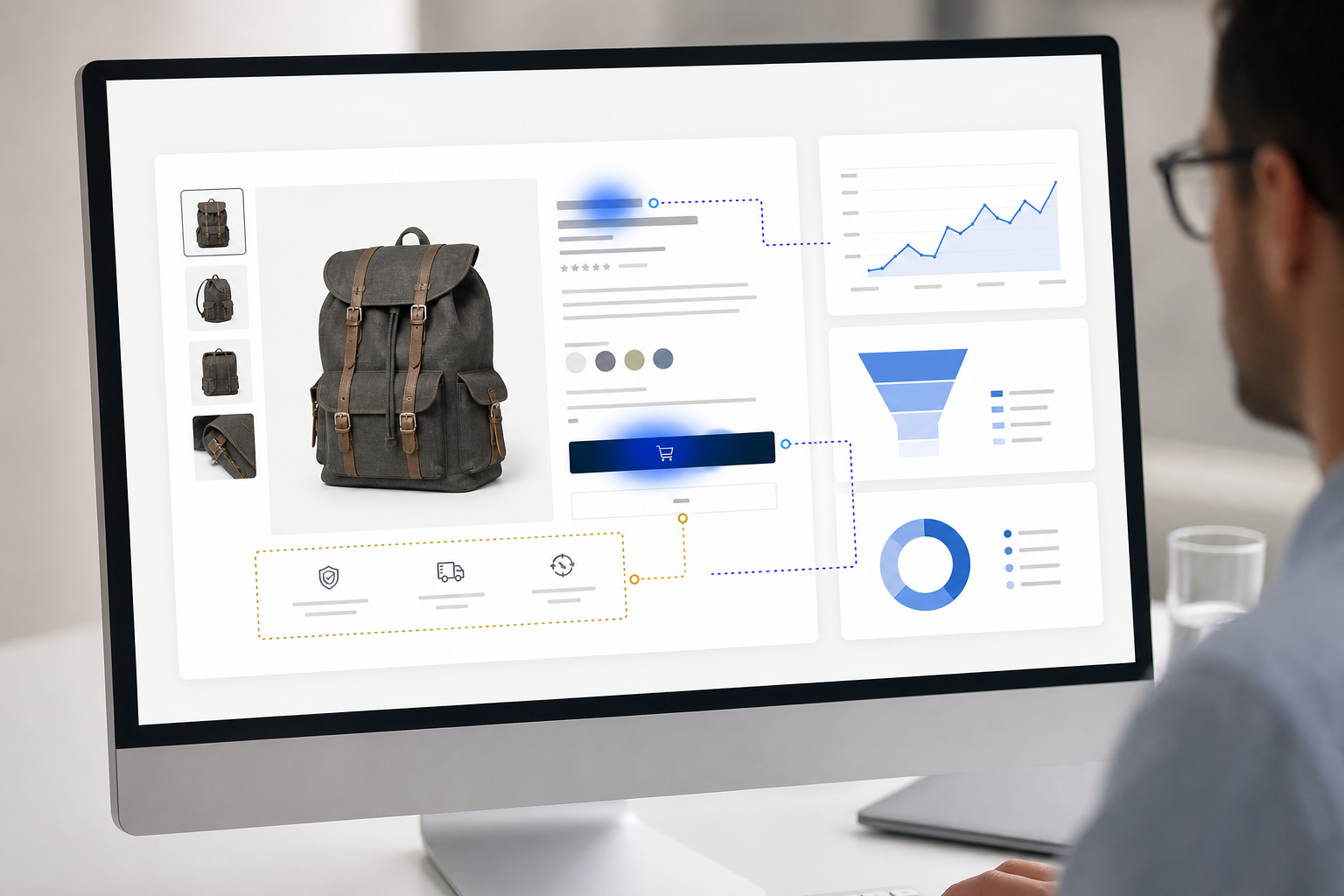 Close-up of a Shopify store product page on a desktop monitor showing conversion rate metrics and annotated UX improvements, same studio lighting as hero shot.