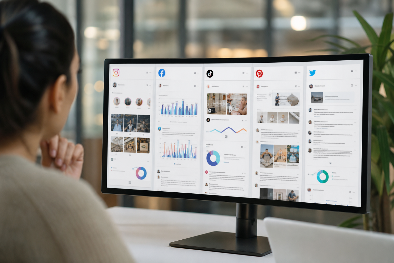 Close-up of a Shopify brand manager's screen showing five social media platform dashboards side by side, in a softly lit office environment matching the hero image tone