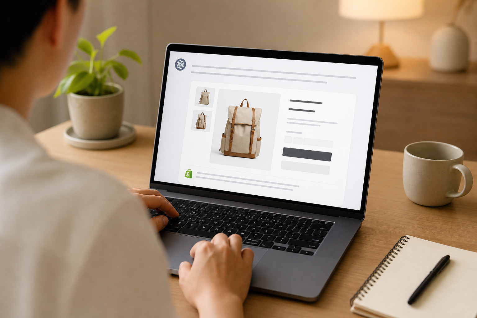 A Shopify product page appearing as a cited result inside a ChatGPT AI-generated answer, displayed on a laptop screen in a clean, modern home office setting with warm lighting