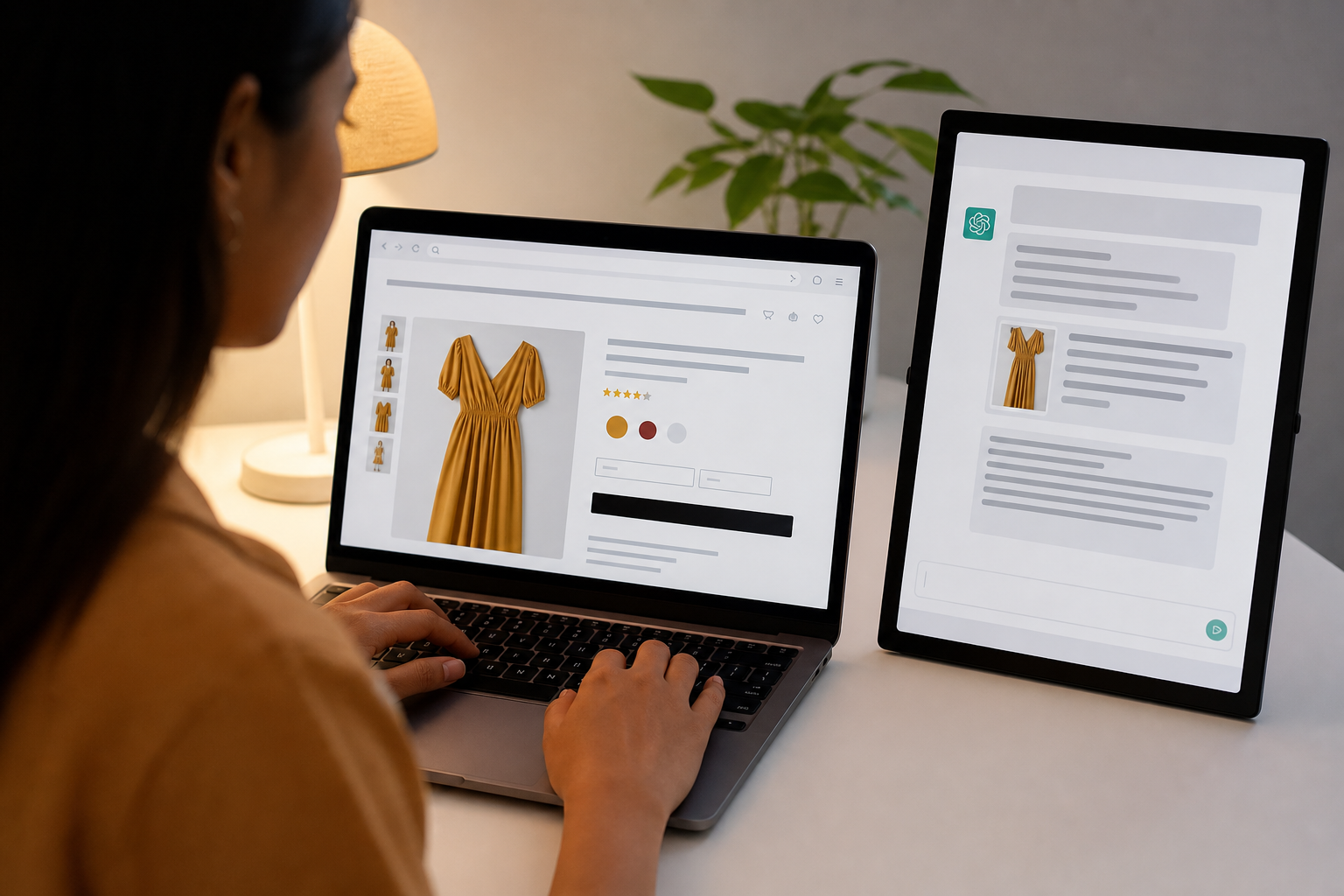 A Shopify product page displayed on a laptop screen beside a ChatGPT response window citing the brand, warm studio lighting on a clean white desk setup.