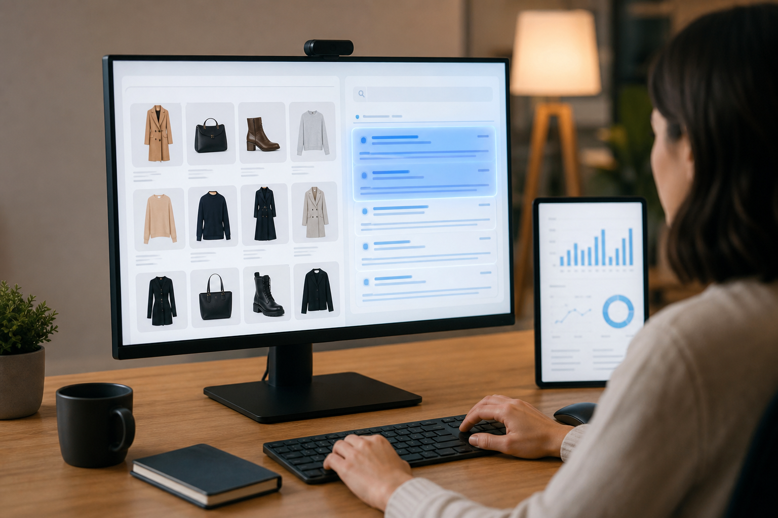 Ecommerce product catalog displayed on a monitor with AI search engine results highlighted in blue, warm studio lighting, modern desk setup