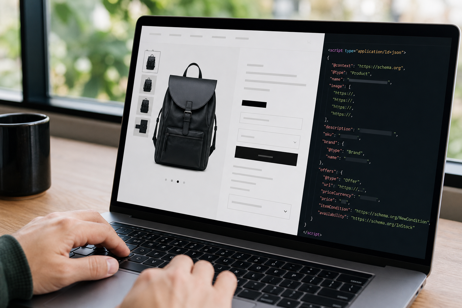 Close-up of a Shopify product detail page on a laptop screen with structured data JSON-LD code visible in a side panel, natural office light