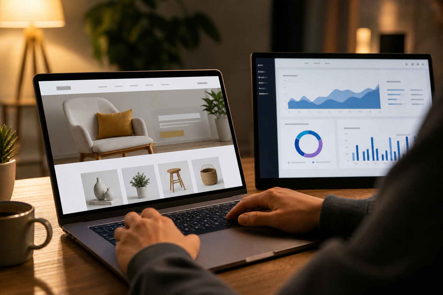 Wide shot of a Shopify landing page on a laptop, warm studio lighting, product hero image, clear CTA button, analytics dashboard on second screen