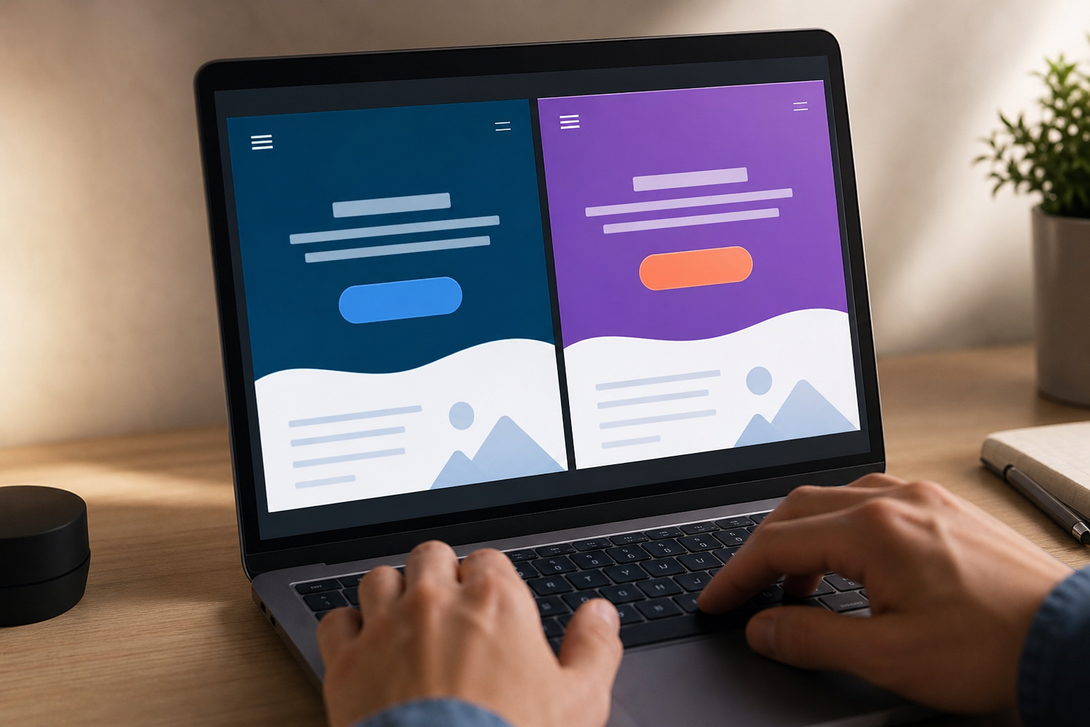 Close-up shot of a laptop screen showing hero section A/B test variants, one with different headline and CTA colors, soft directional studio light