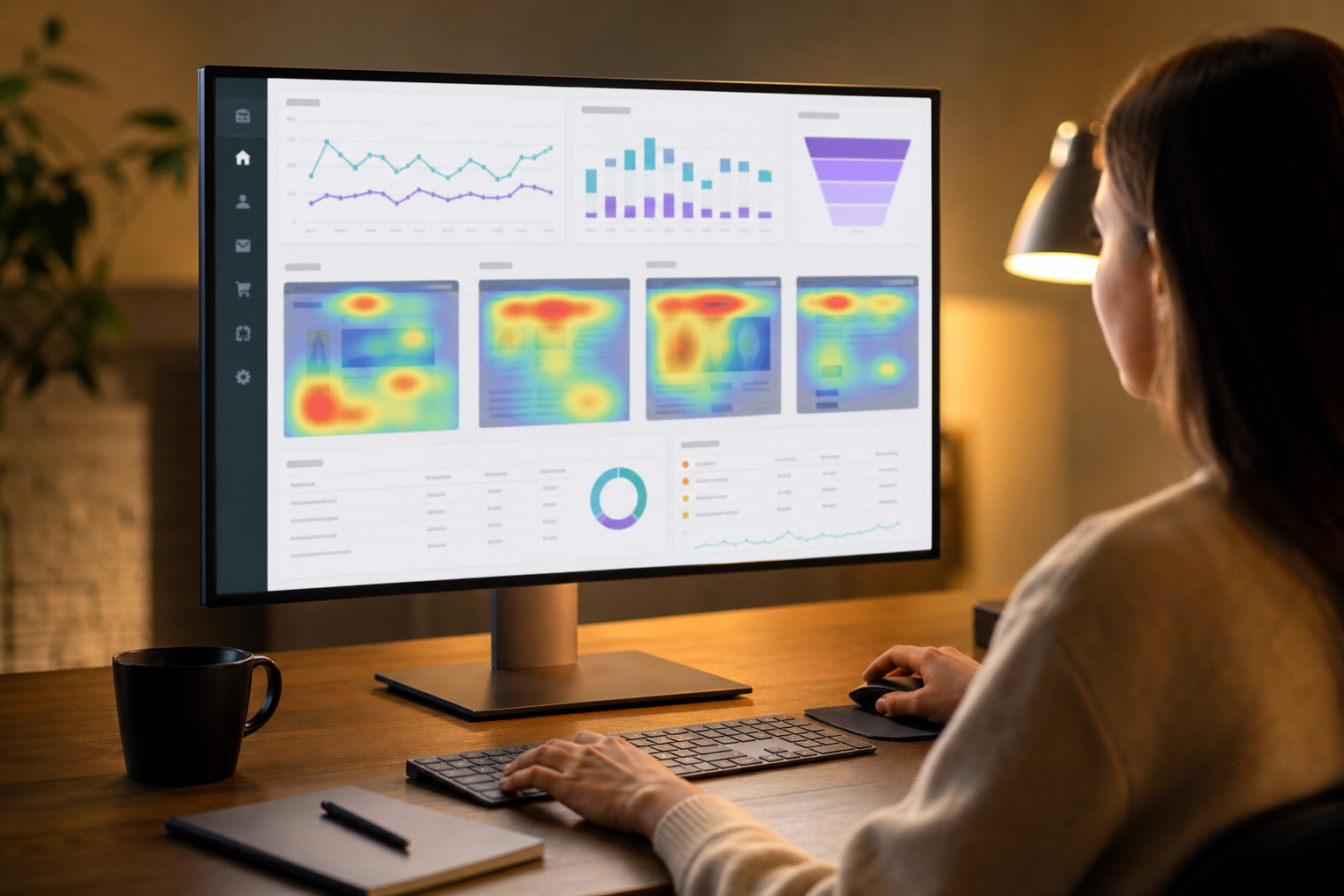 A Shopify ecommerce store dashboard on a widescreen monitor showing conversion rate analytics, heatmaps, and A/B test results under warm studio lighting