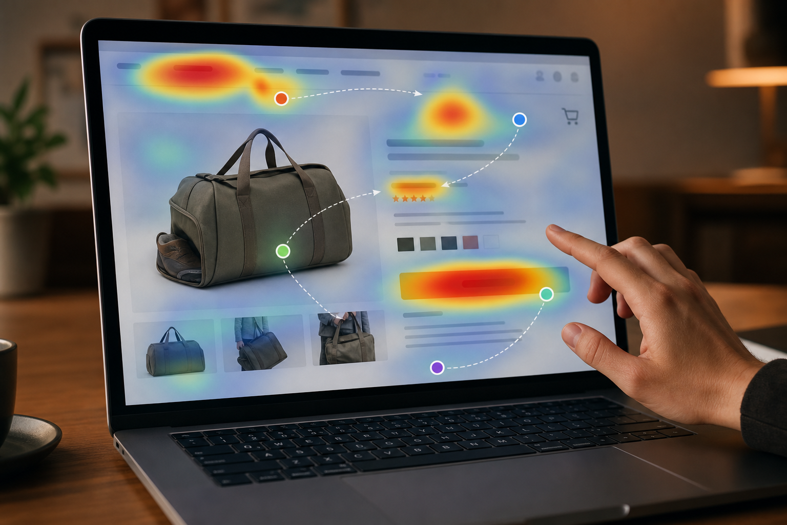 Close-up of a Shopify product page on a laptop screen with overlaid heatmap data and annotated UX improvement markers, warm studio lighting