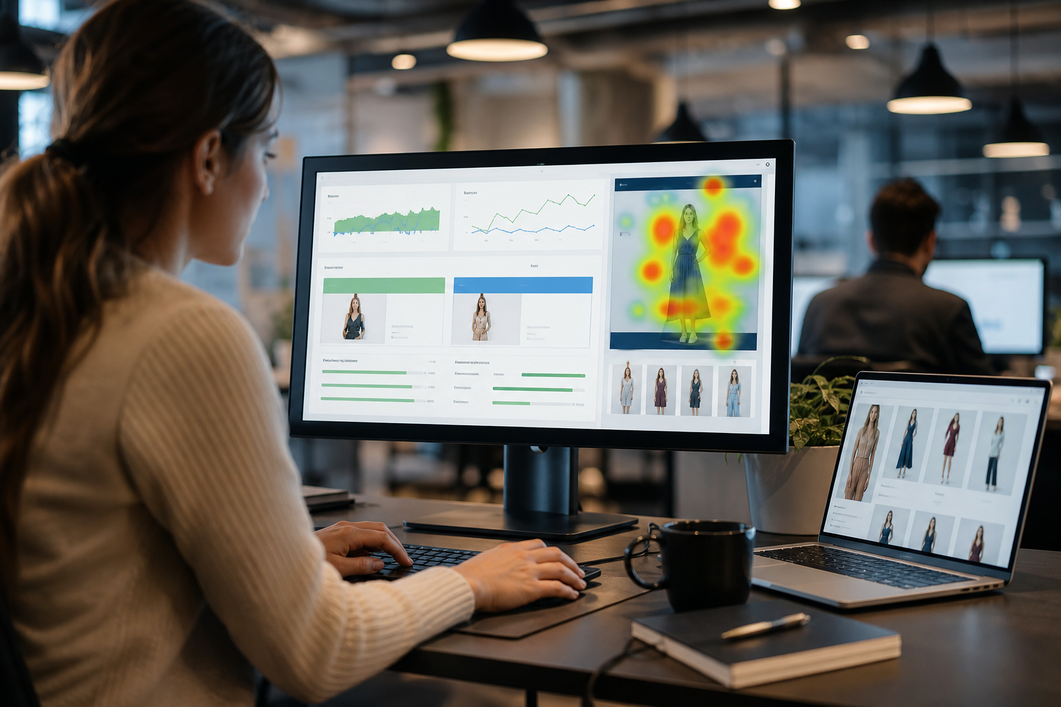 A Shopify ecommerce store dashboard on a monitor showing conversion rate graphs, A/B test results, and product page heatmaps in a modern agency workspace with warm overhead lighting