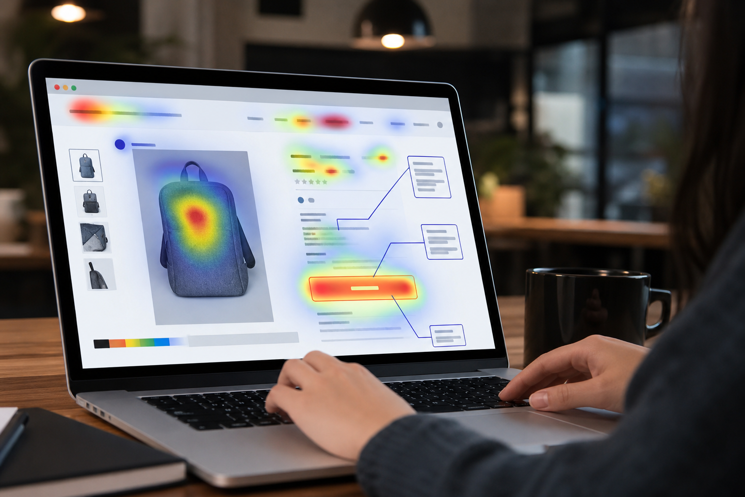 A close-up of a Shopify product detail page on a laptop screen showing heatmap overlays, annotated UX fixes, and an add-to-cart button highlighted in a modern agency workspace with warm overhead lighting