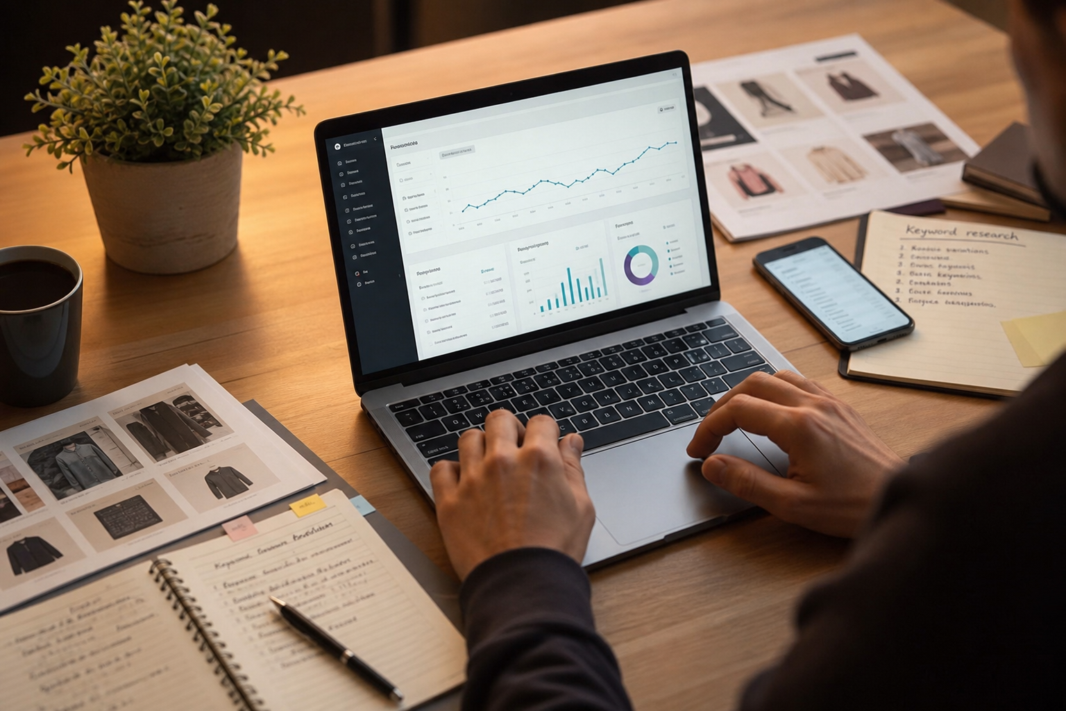 A Shopify store dashboard open on a laptop showing organic traffic growth charts, surrounded by product pages and keyword research notes on a wooden desk under warm studio lighting